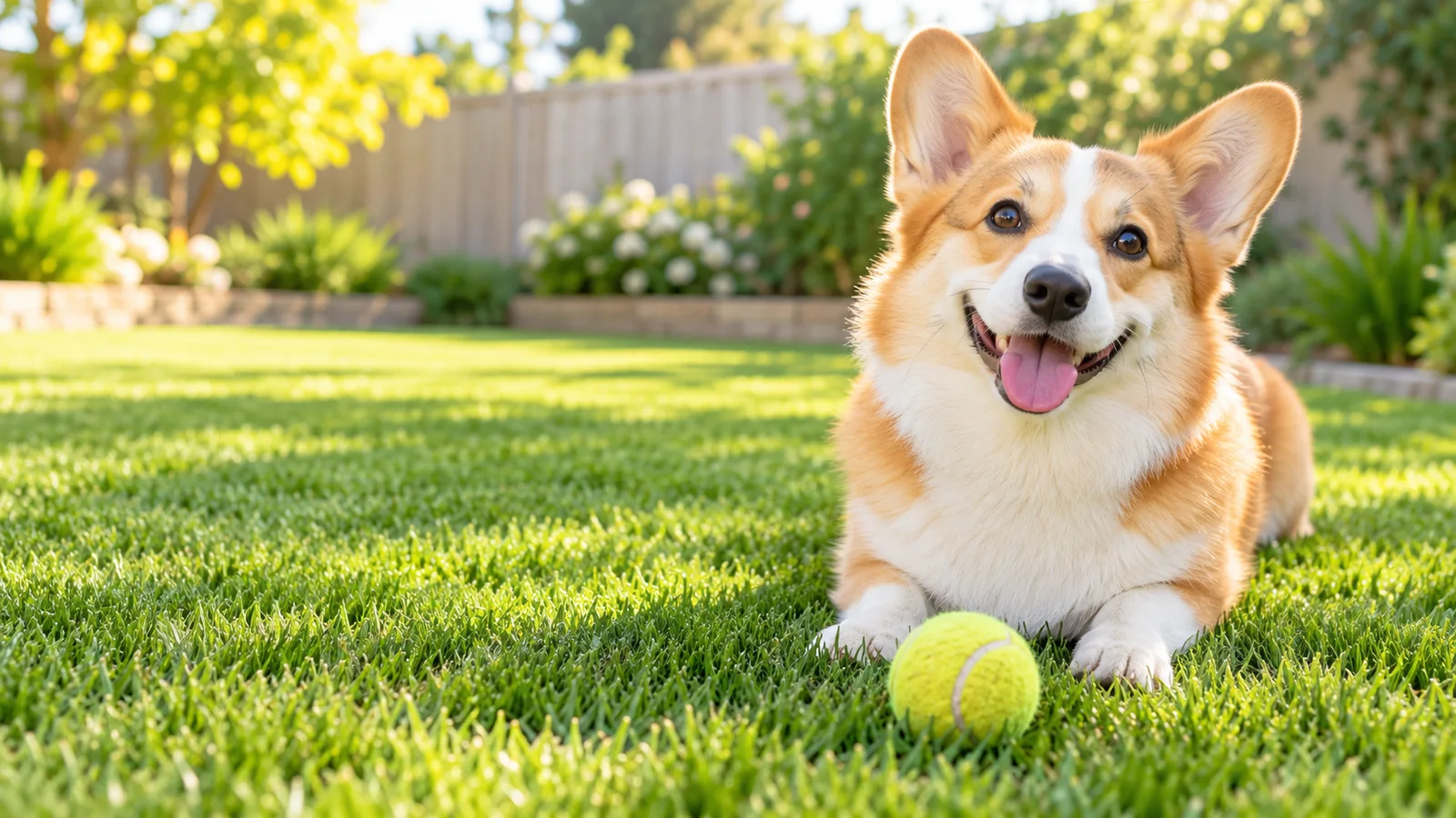 Illustrative happy dog in a clean sunny yard